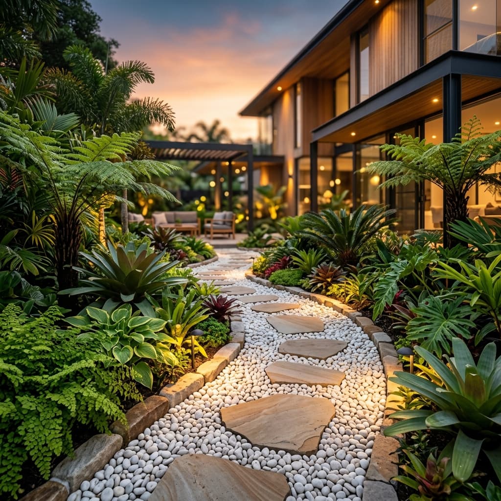 Caminho de jardim com pedras decorativas