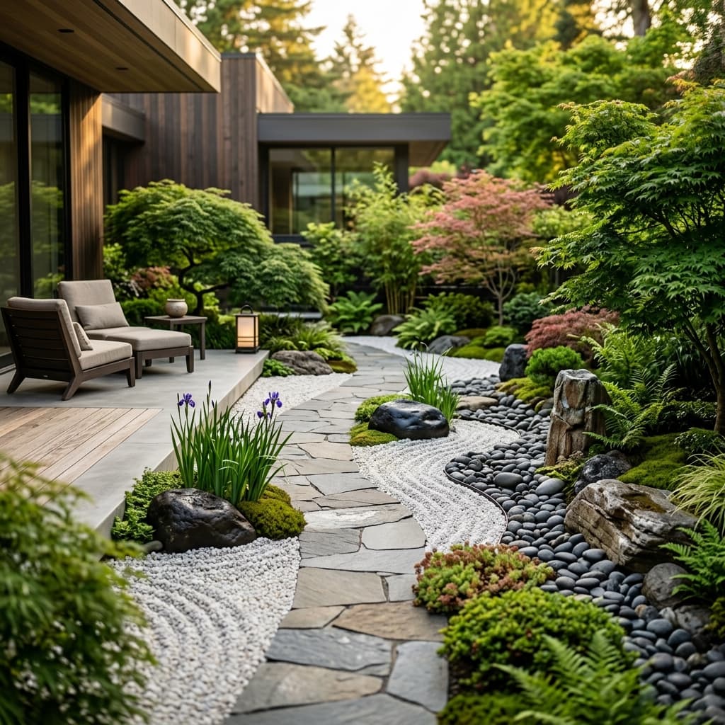 Jardim zen com pedras ornamentais premium