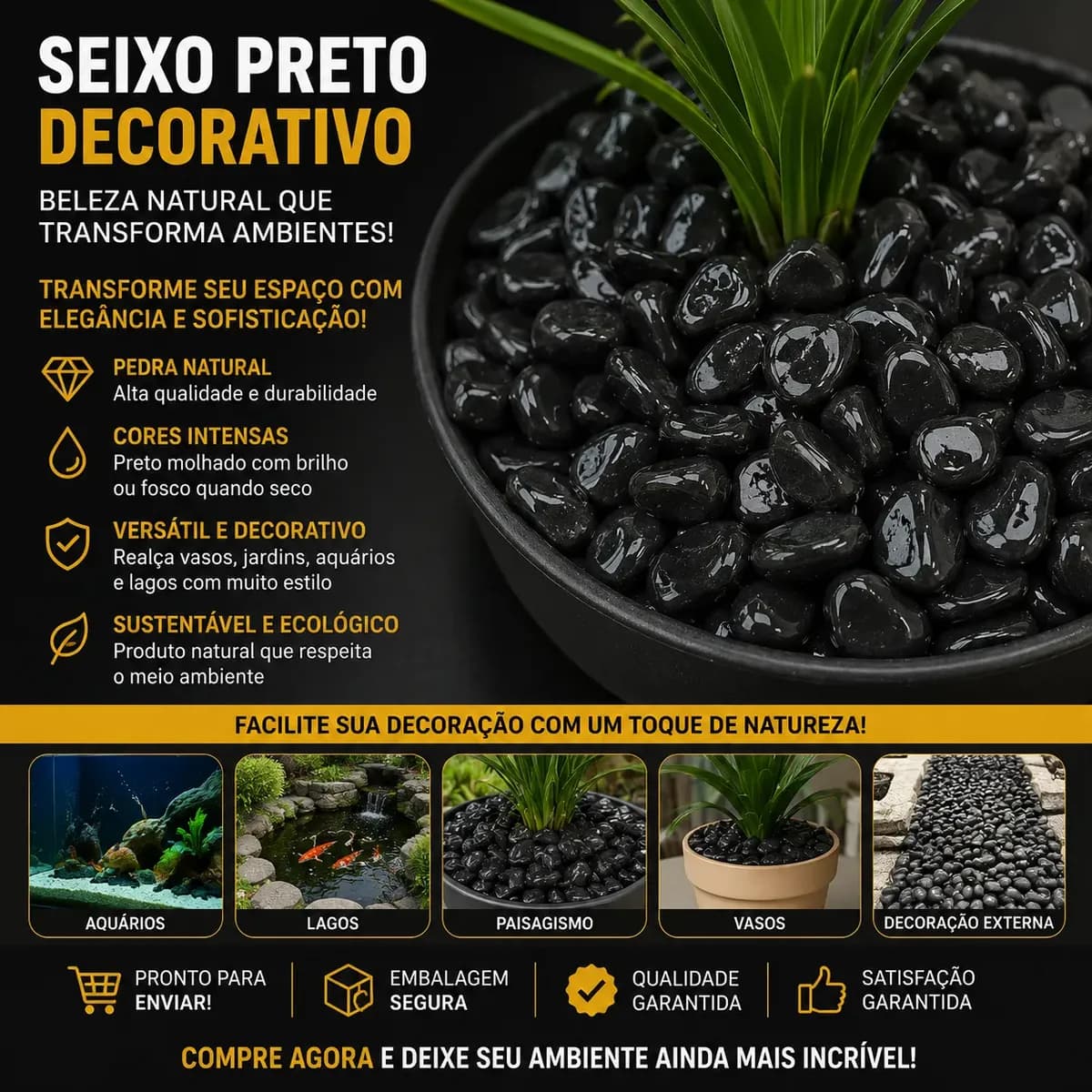 Pedras Ornamentais Seixo Preto Medio 9,5kg. Preto 3 Cm 6 Cm