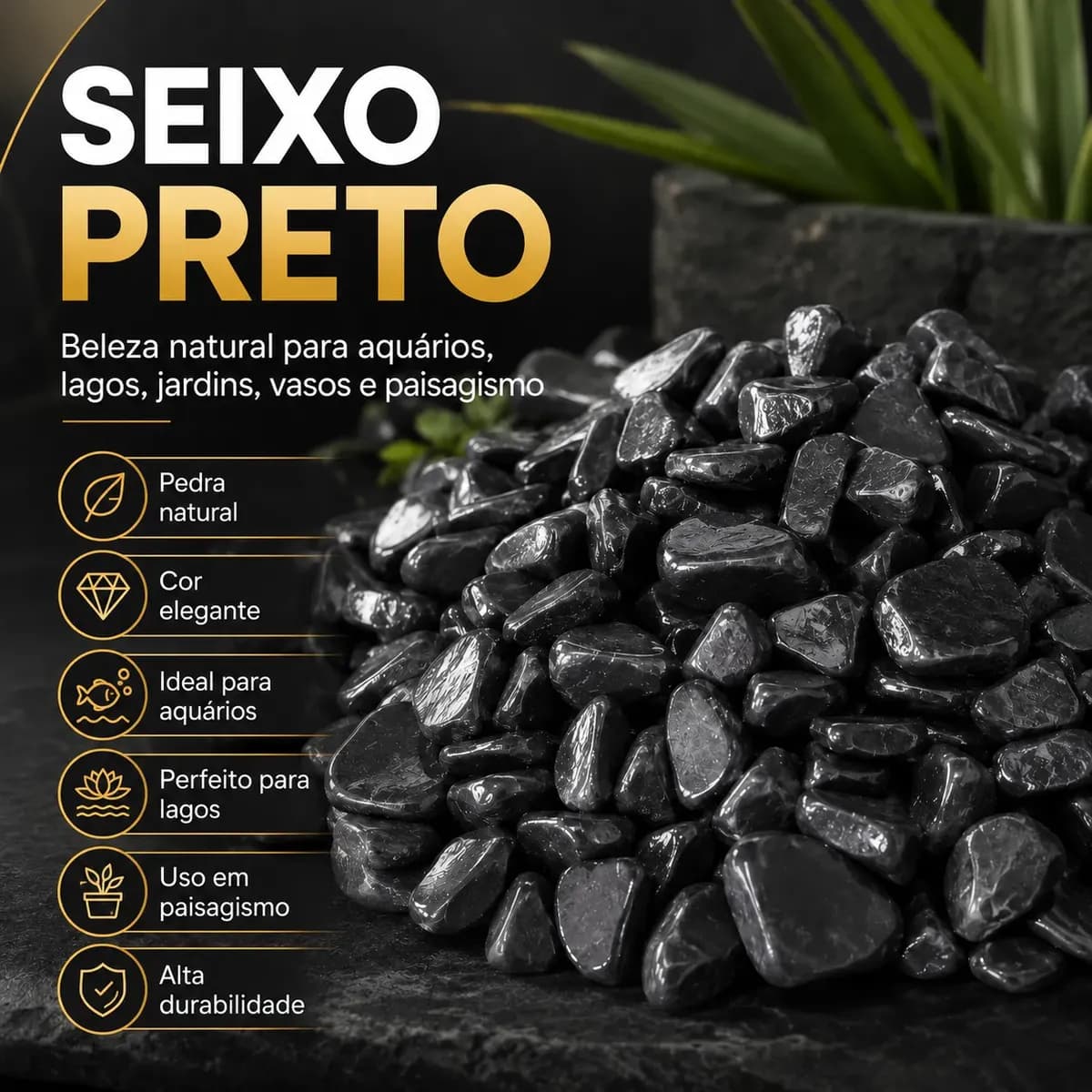 Pedras Ornamentais Seixo Preto Medio 9,5kg. Preto 3 Cm 6 Cm