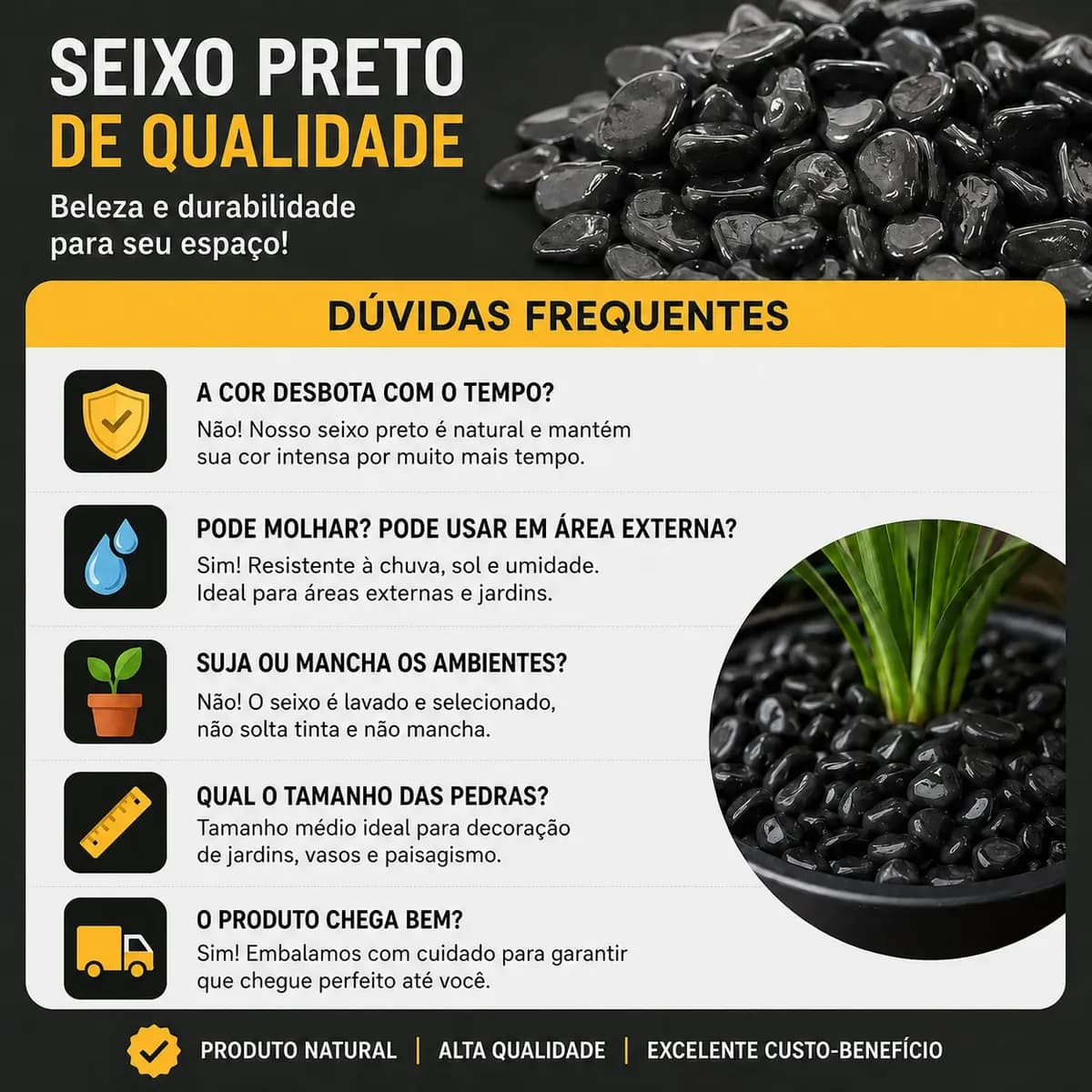 Pedras Ornamentais Seixo Preto Medio 9,5kg. Preto 3 Cm 6 Cm
